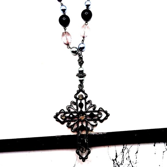 Black Metal Cross On Black Beaded Chain Necklace 20" - Picture 1 of 6